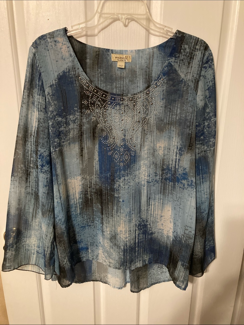 50% off in 3+ bundle, ONE WORLD Shades of Blue Blouse with Rhinestone Detail